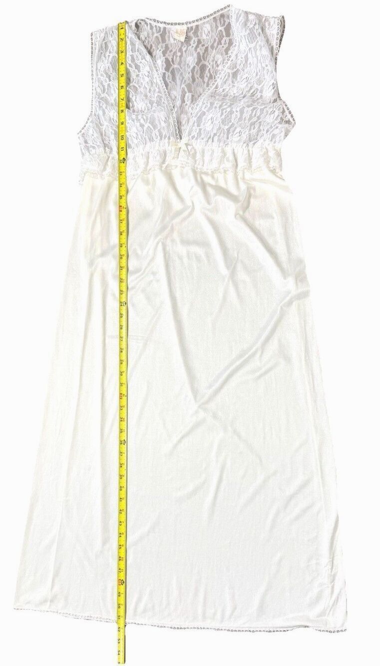 Vintage 80s Sportlite Lace Nylon Nightgown Ivory Maxi M Fairy Bridal USA - Picture 6 of 9